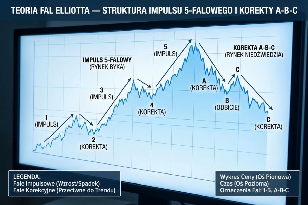 Teoria fal Elliotta — struktura impulsu 5-falowego i korekty A-B-C z oznaczeniami fal na wykresie cenowym, kierunek trendu głównego i kontrtrendu