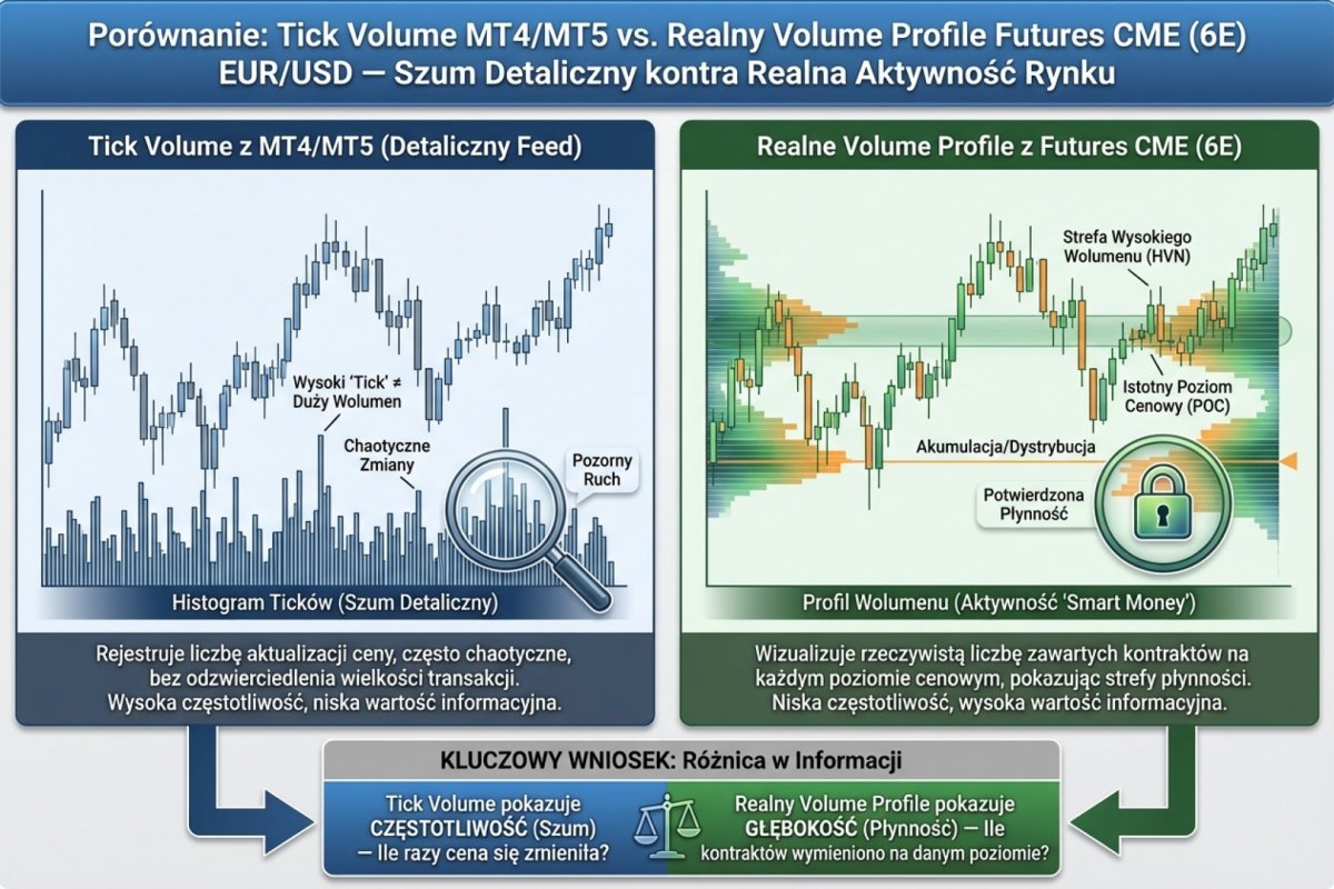 Porównanie tick volume z MT4/MT5 z realnym Volume Profile z kontraktów futures EUR/USD (6E) z CME — różnica między szumem detalicznego feedu a realną aktywnością rynku
