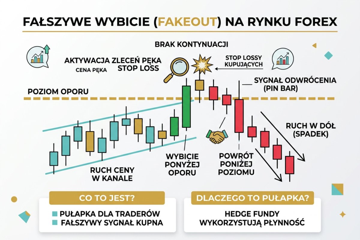 Fałszywe wybicie (fakeout) — cena przebija poziom oporu knotem, aktywuje stop lossy i wraca poniżej poziomu tworząc sygnał odwrócenia
