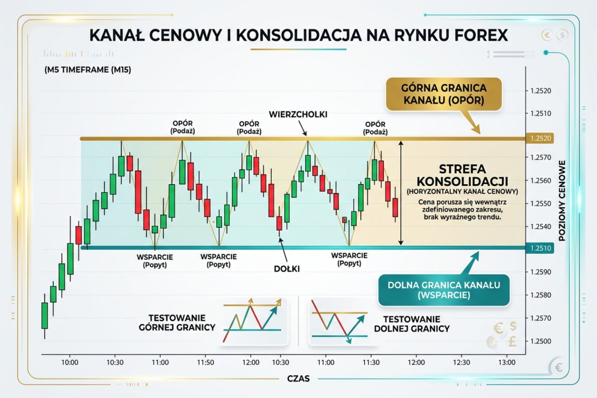 Kanał cenowy i konsolidacja — cena poruszająca się między równoległymi liniami trendu z oznaczeniem górnej i dolnej granicy range