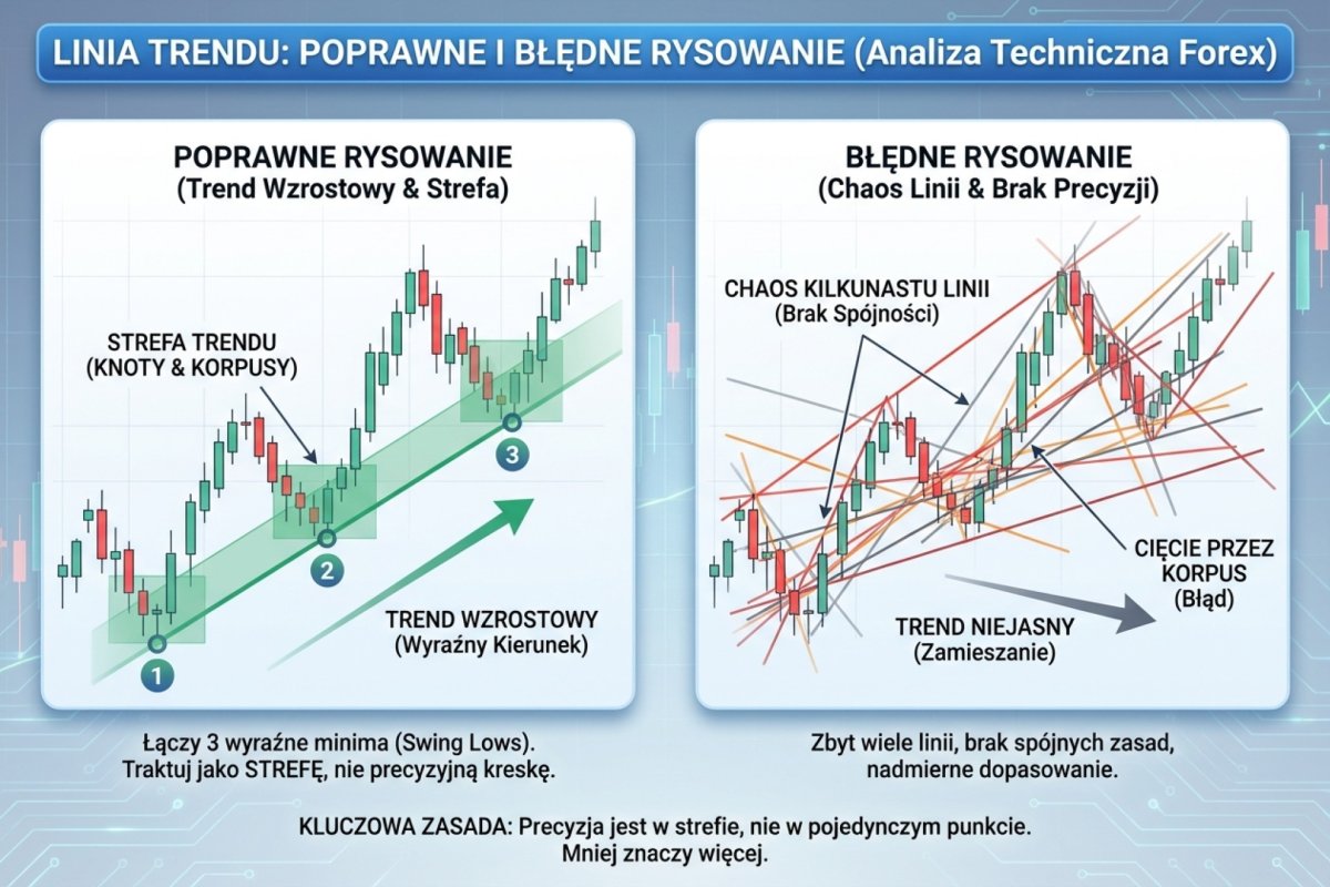 Linia trendu — poprawne i błędne rysowanie: linia łącząca trzy swing lows w trendzie wzrostowym kontra chaos kilkunastu linii na jednym wykresie; knot vs korpus jako strefa, nie precyzyjna kreska