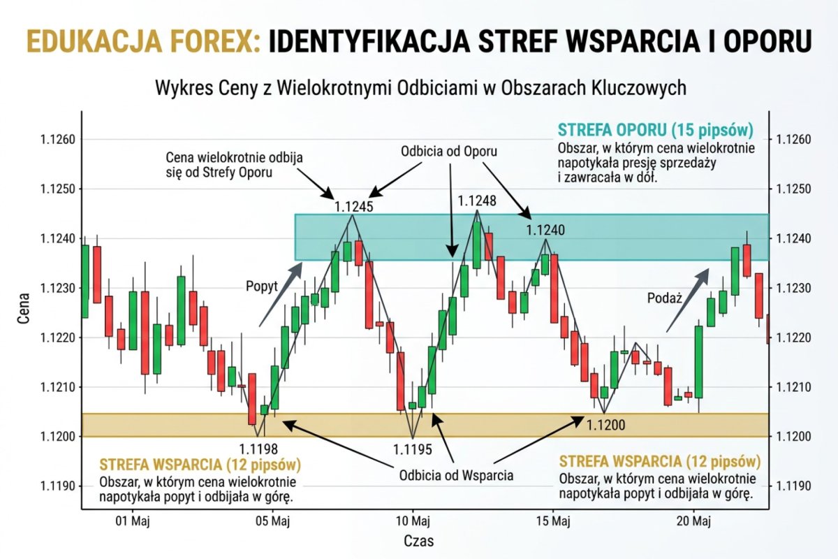 Strefa wsparcia i oporu na wykresie cenowym — zaznaczony prostokątem obszar kilkunastu pipsów z wielokrotnymi odbiciami ceny
