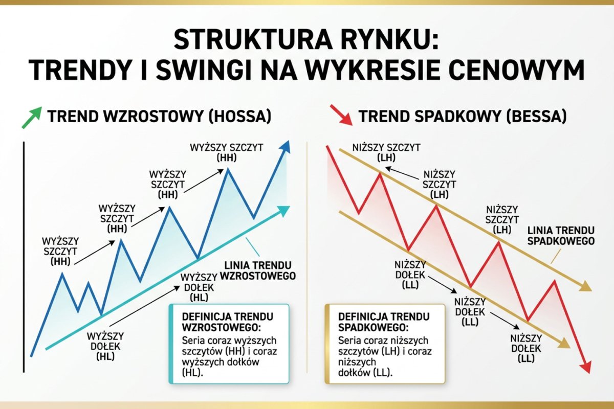 Trend wzrostowy i spadkowy — struktura higher highs, higher lows vs lower highs, lower lows na wykresie cenowym z oznaczeniami swingów