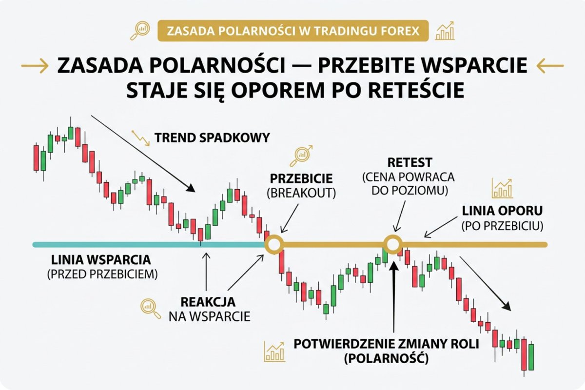 Zasada polarności — przebite wsparcie staje się oporem po retescie, schemat z oznaczeniem breakout i retest na wykresie cenowym