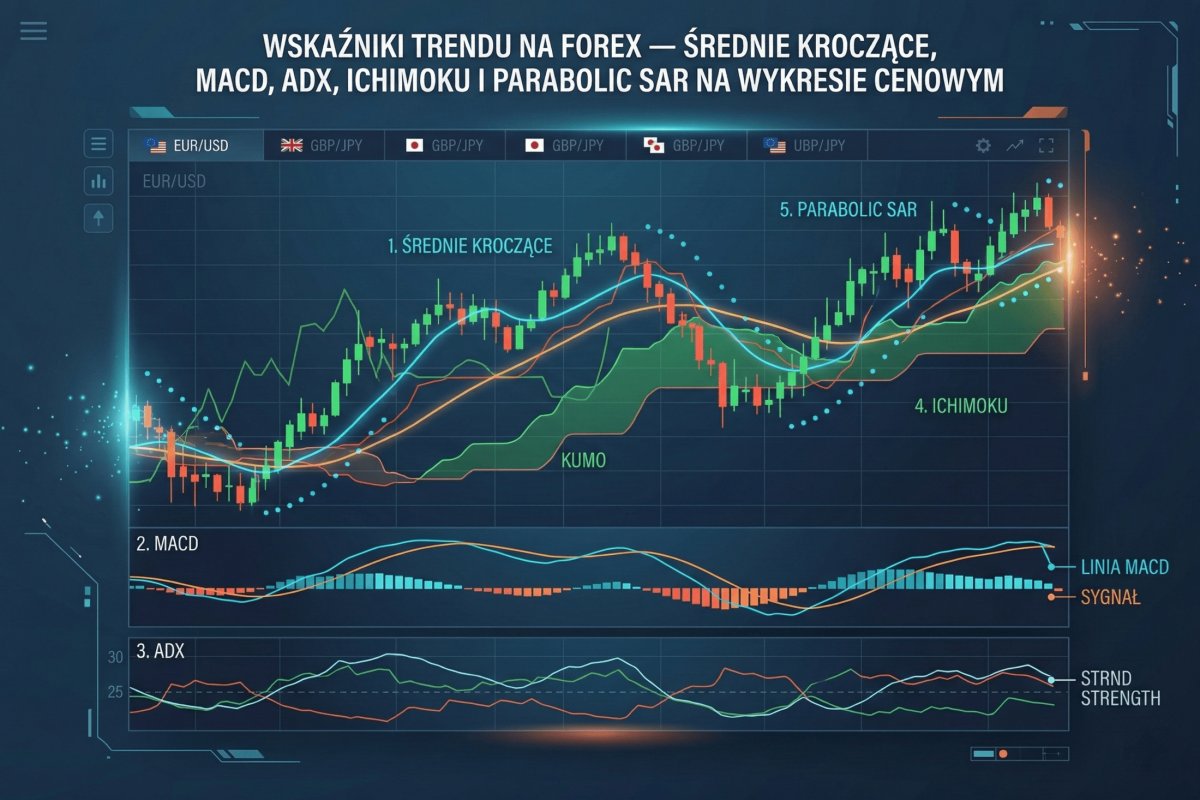 Wskaźniki trendu na Forex — średnie kroczące, MACD, ADX, Ichimoku i Parabolic SAR na wykresie cenowym