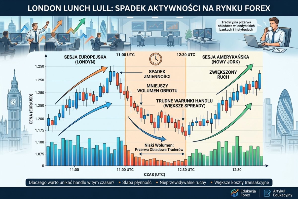 London Lunch Lull — spadek zmienności i wolumenu między 11:00 a 12:30 UTC