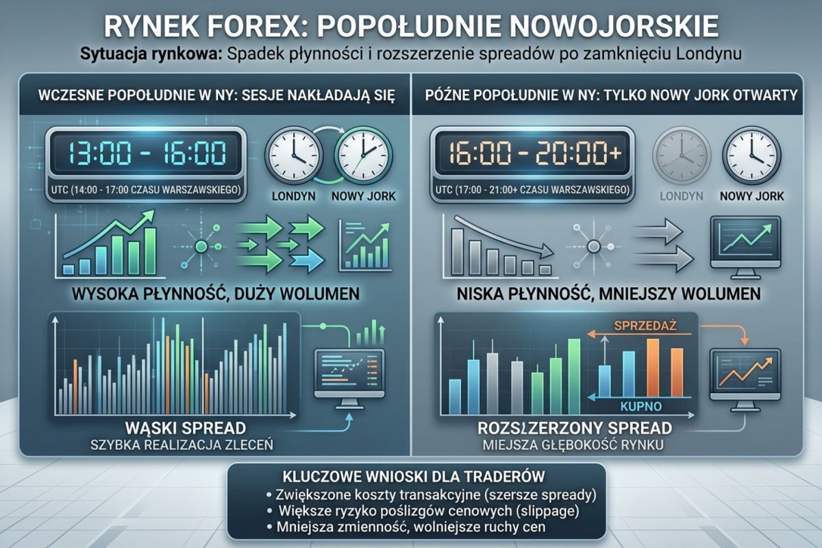 Popołudnie nowojorskie — spadek płynności i rozszerzenie spreadów po zamknięciu Londynu
