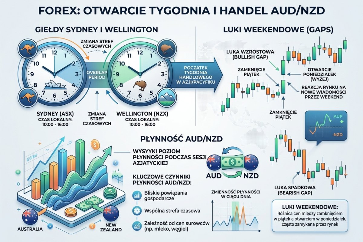 Sydney i Wellington — otwarcie tygodnia, luki weekendowe i płynność AUD/NZD