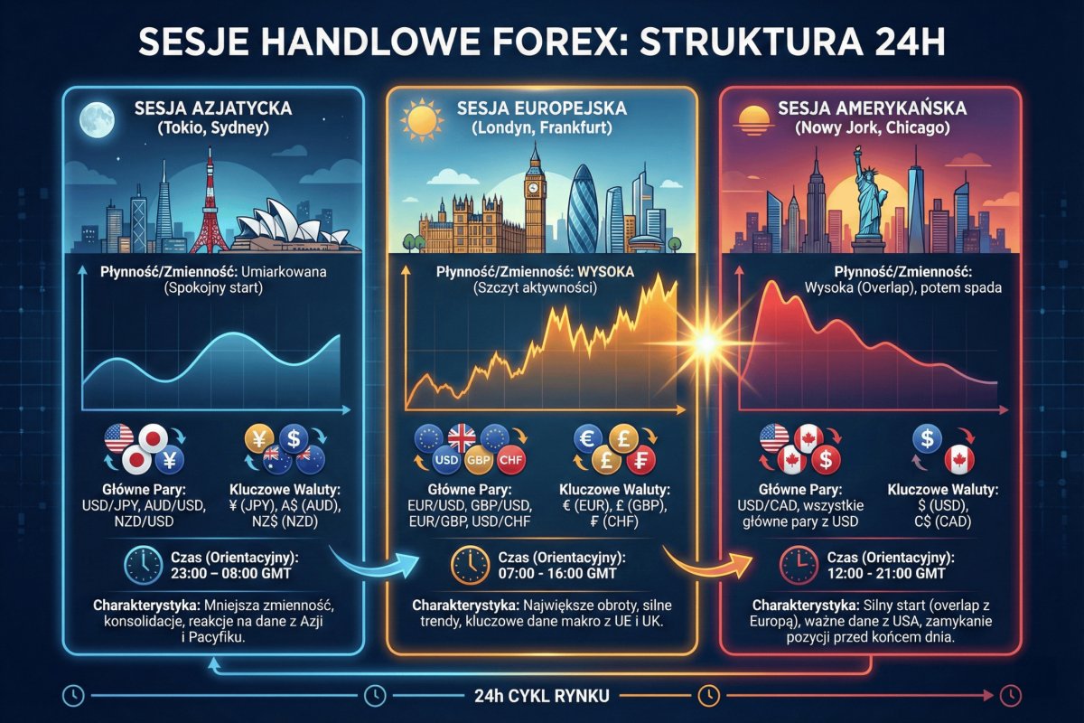 Sesje handlowe Forex — azjatycka, europejska i amerykańska: zmienność, płynność i pary walutowe