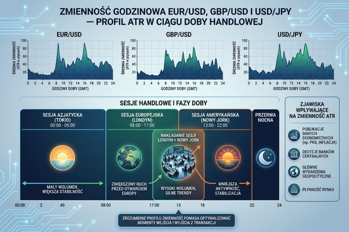 Zmienność godzinowa EUR/USD, GBP/USD i USD/JPY — profil ATR w ciągu doby handlowej