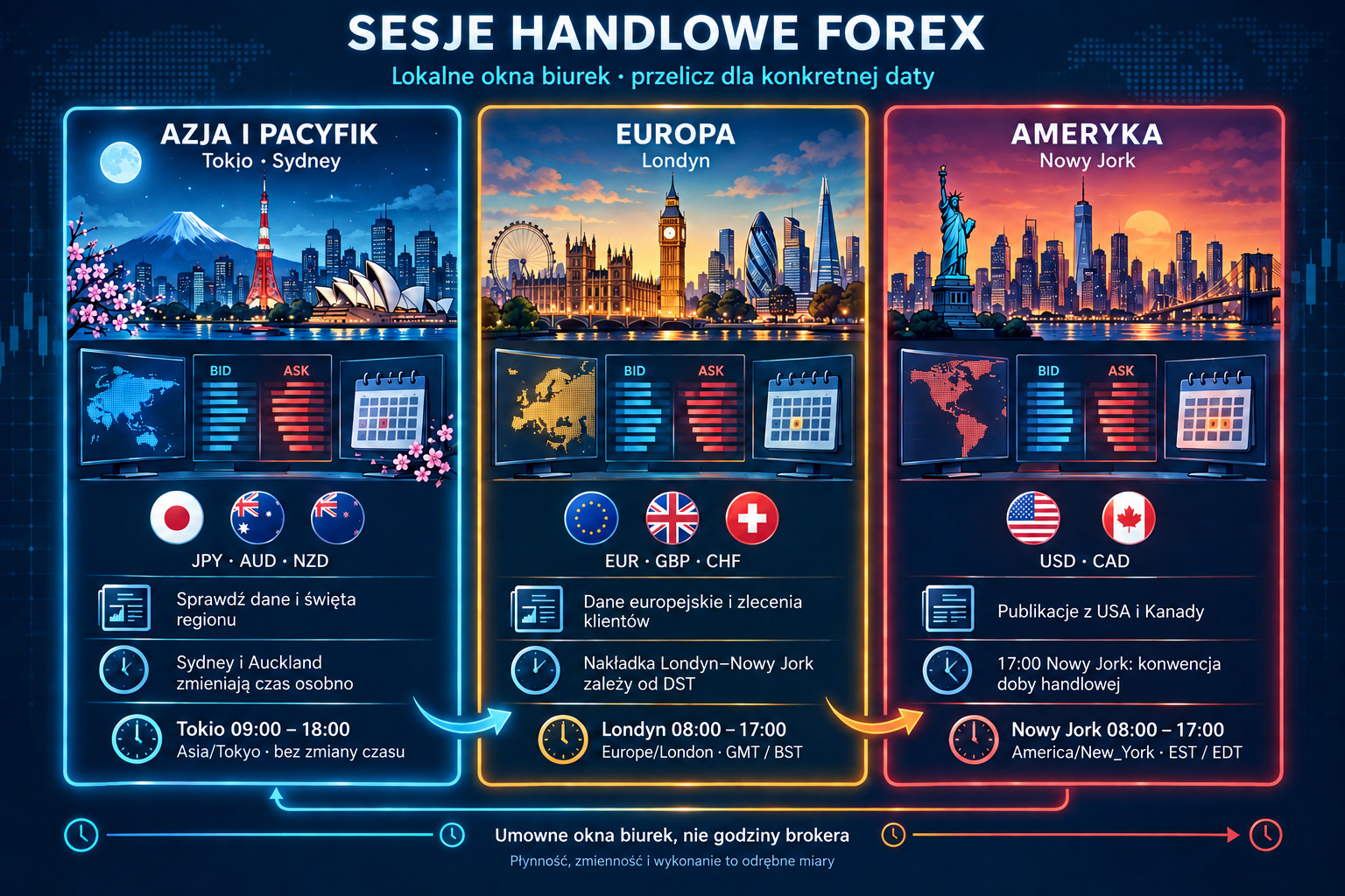 Sesje Forex: Azja i Pacyfik, Europa i Ameryka oraz modelowe lokalne godziny pracy