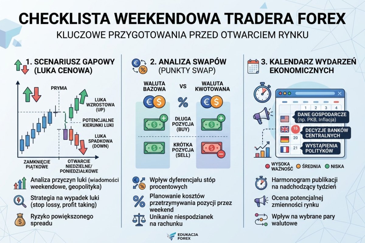 Checklista weekendowa tradera — scenariusz gapowy, swap, kalendarz wydarzeń