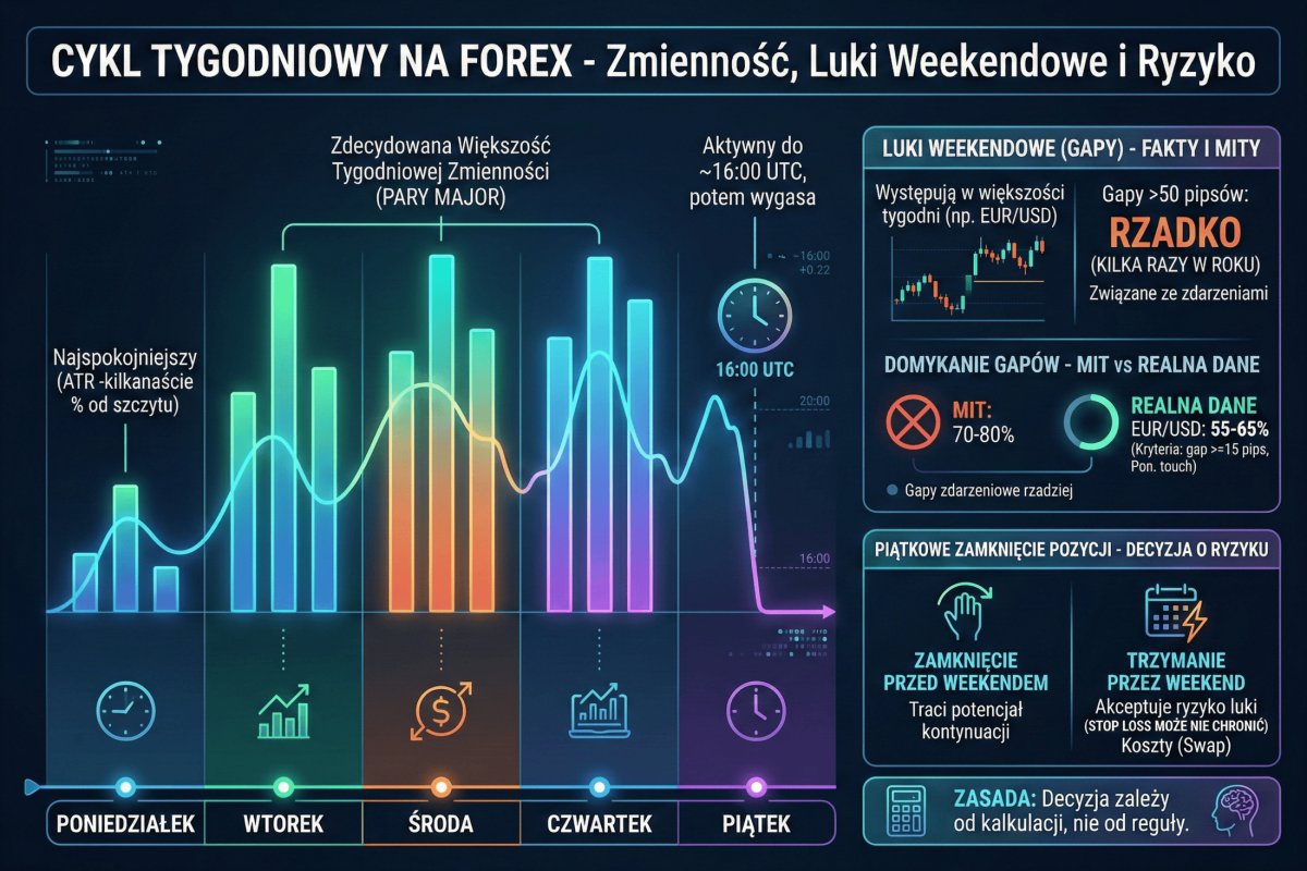 Cykl tygodniowy na Forex — zmienność dzień po dniu, luki weekendowe i sezonowość