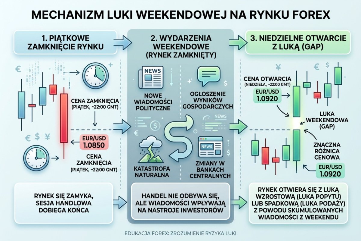 Mechanizm luki weekendowej na FX — piątkowe zamknięcie, weekendowe zdarzenie, niedzielne otwarcie z luką