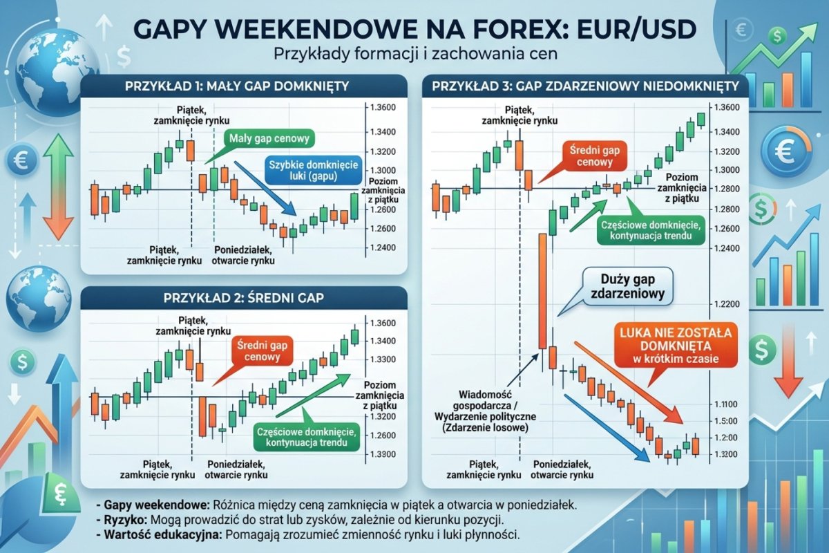 Gapy weekendowe na EUR/USD — przykłady: mały gap domknięty, średni gap, gap zdarzeniowy niedomknięty