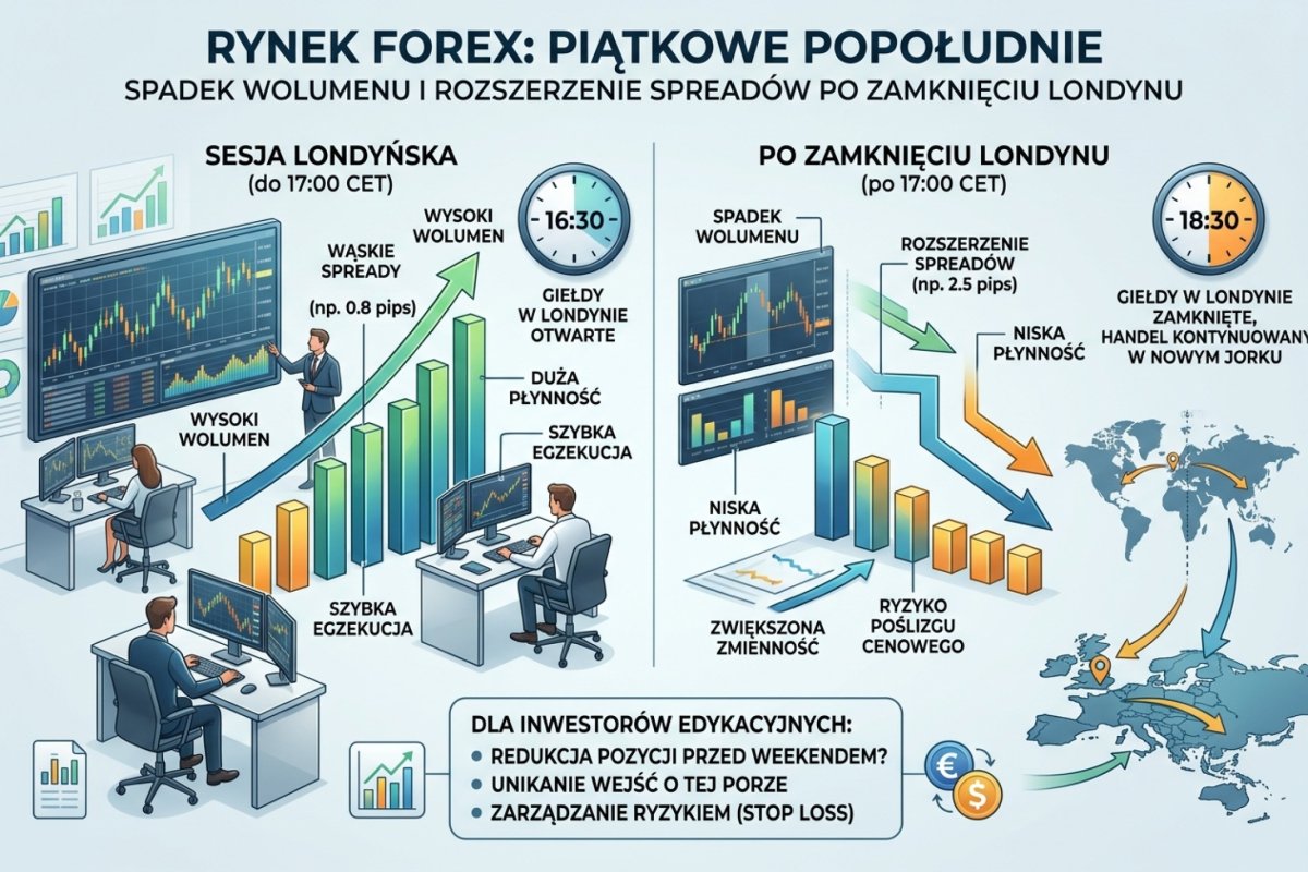 Piątkowe popołudnie — spadek wolumenu i rozszerzenie spreadów po London Close