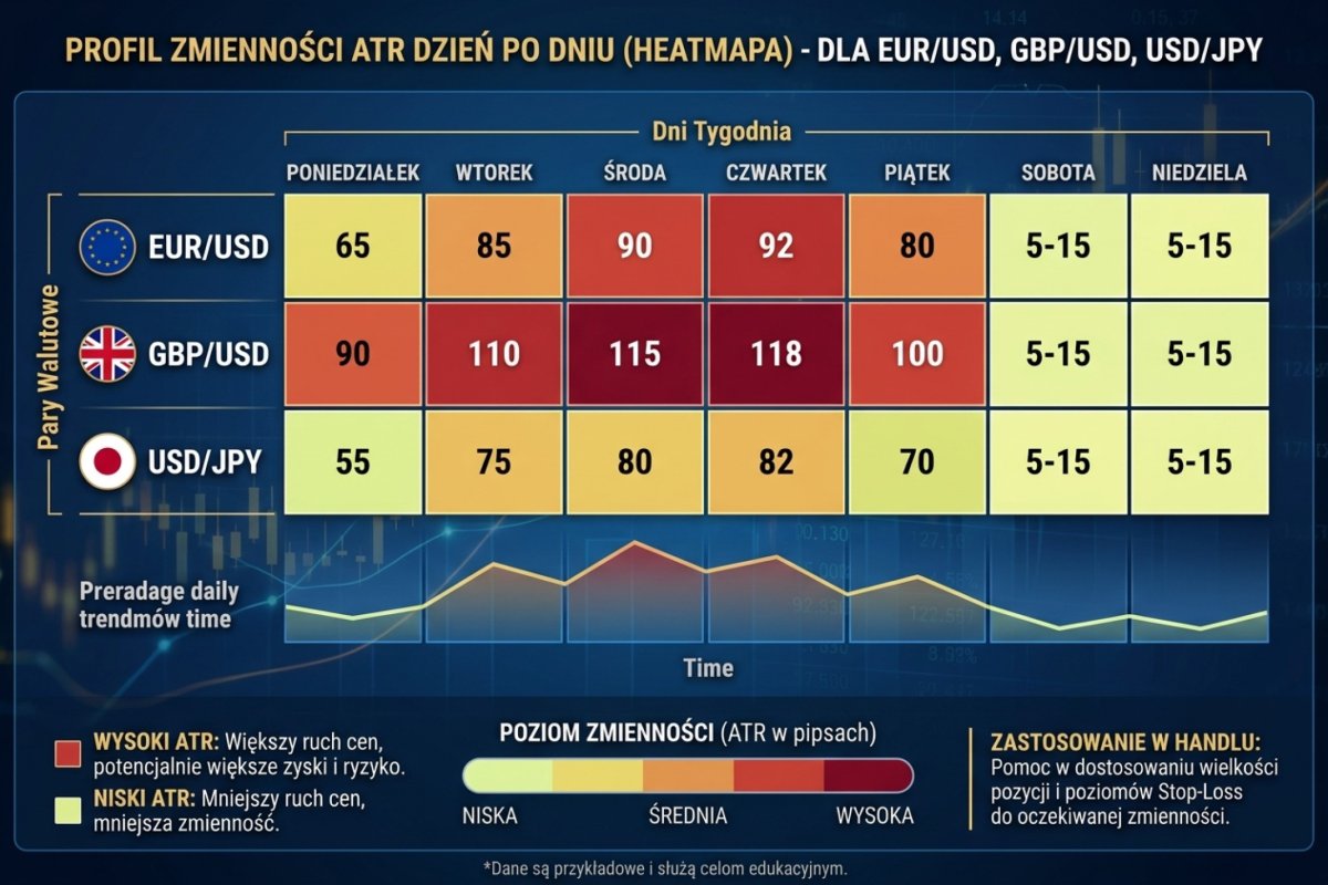 Profil zmienności ATR dzień po dniu — heatmapa dla EUR/USD, GBP/USD, USD/JPY