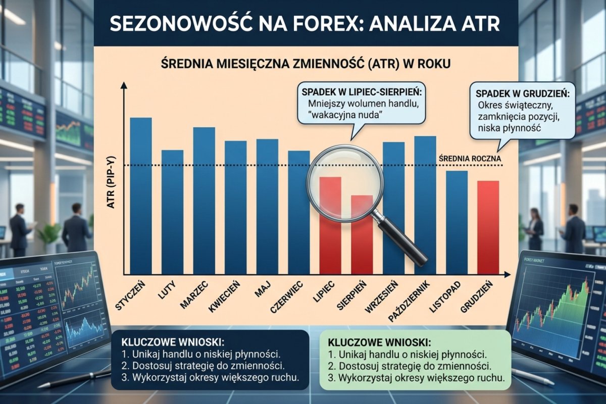 Sezonowość na Forex — spadek ATR w lipcu–sierpniu i w grudniu vs średnia roczna