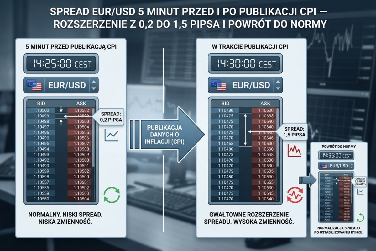 Spread EUR/USD 5 minut przed i po publikacji CPI — rozszerzenie z 0,2 do 1,5 pipsa i powrót do normy