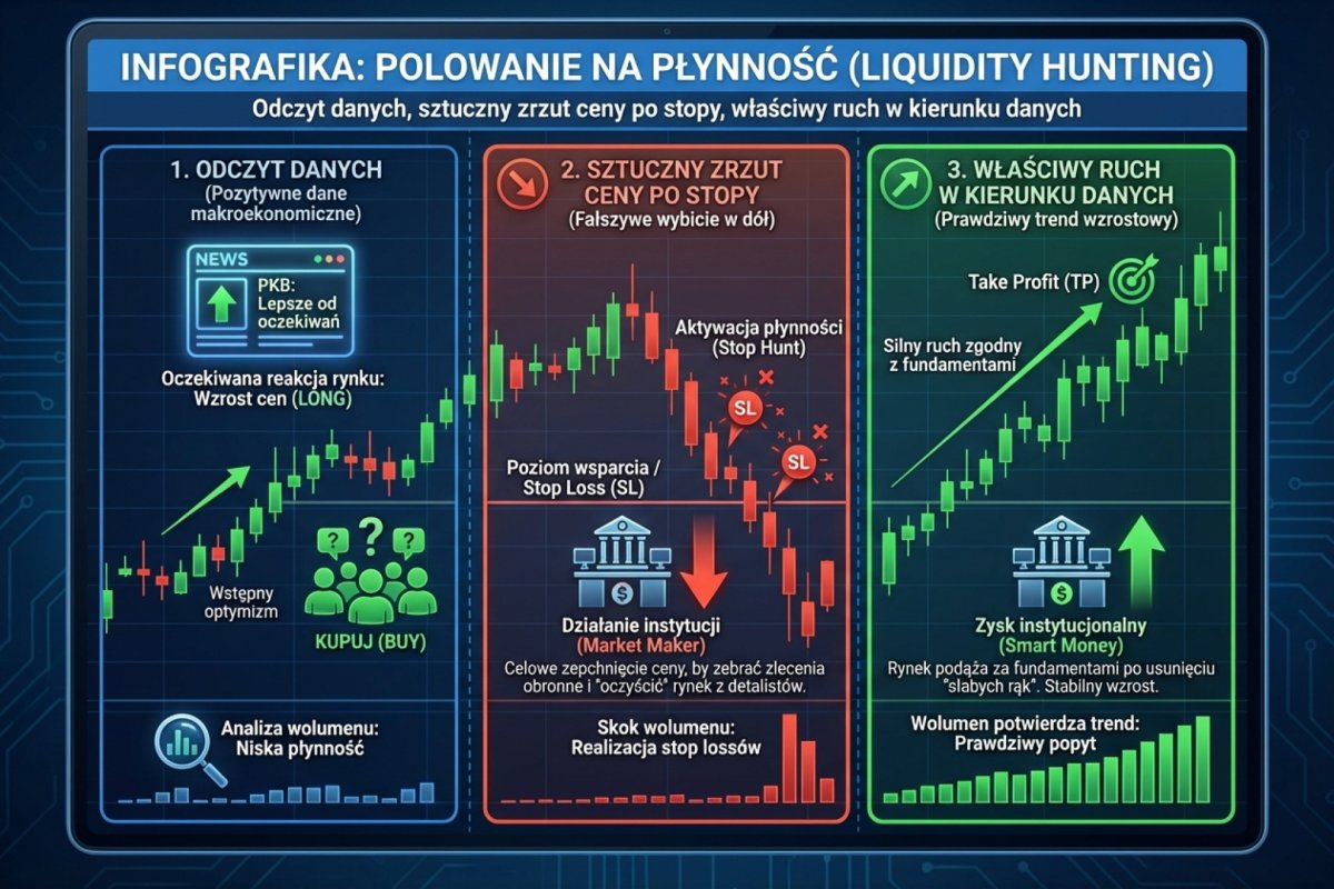 Infografika: polowanie na płynność — odczyt danych, sztuczny zrzut ceny po stopy, właściwy ruch w kierunku danych