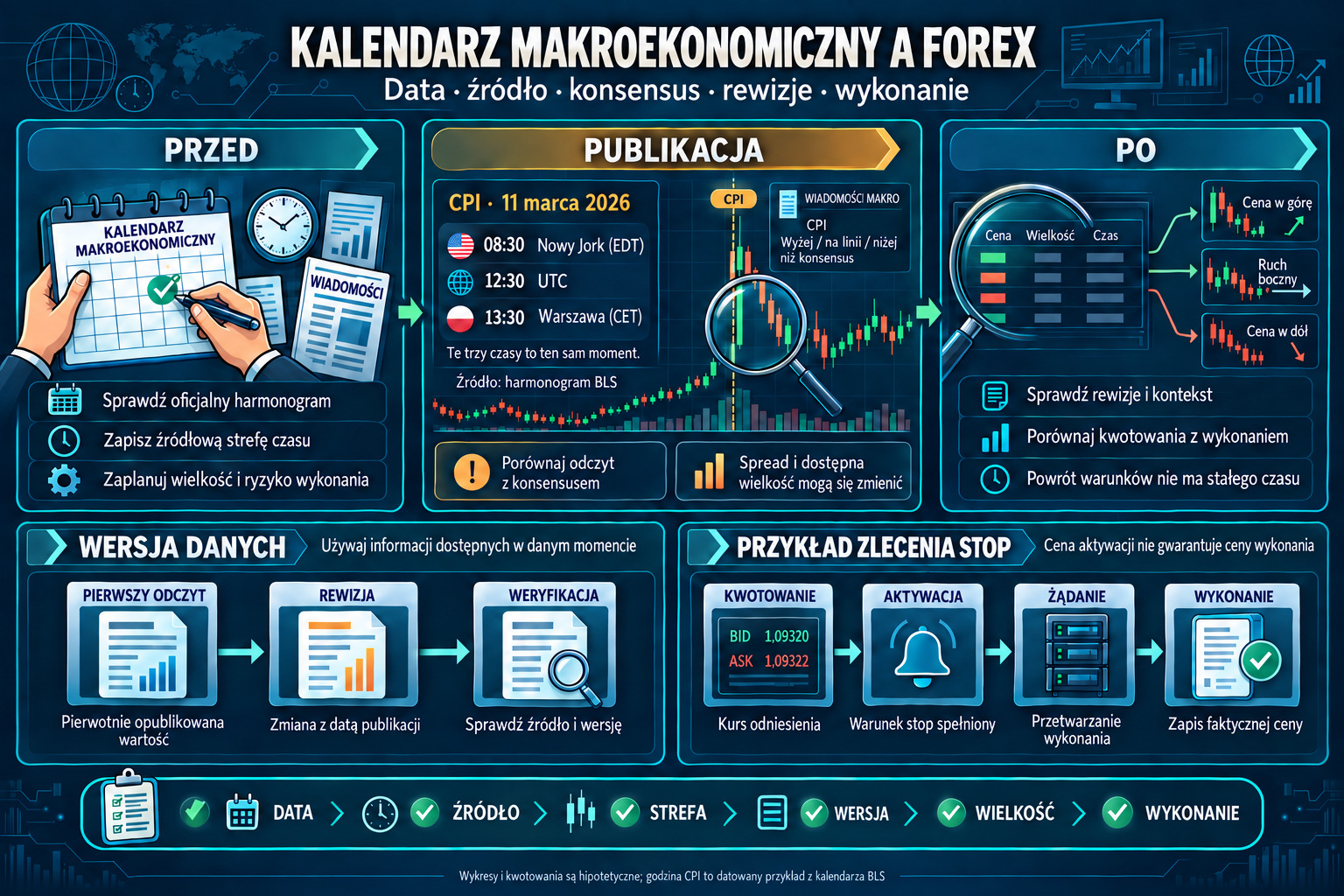 Kalendarz makro: daty, strefy czasu, rewizje danych i wykonanie zlecenia stop