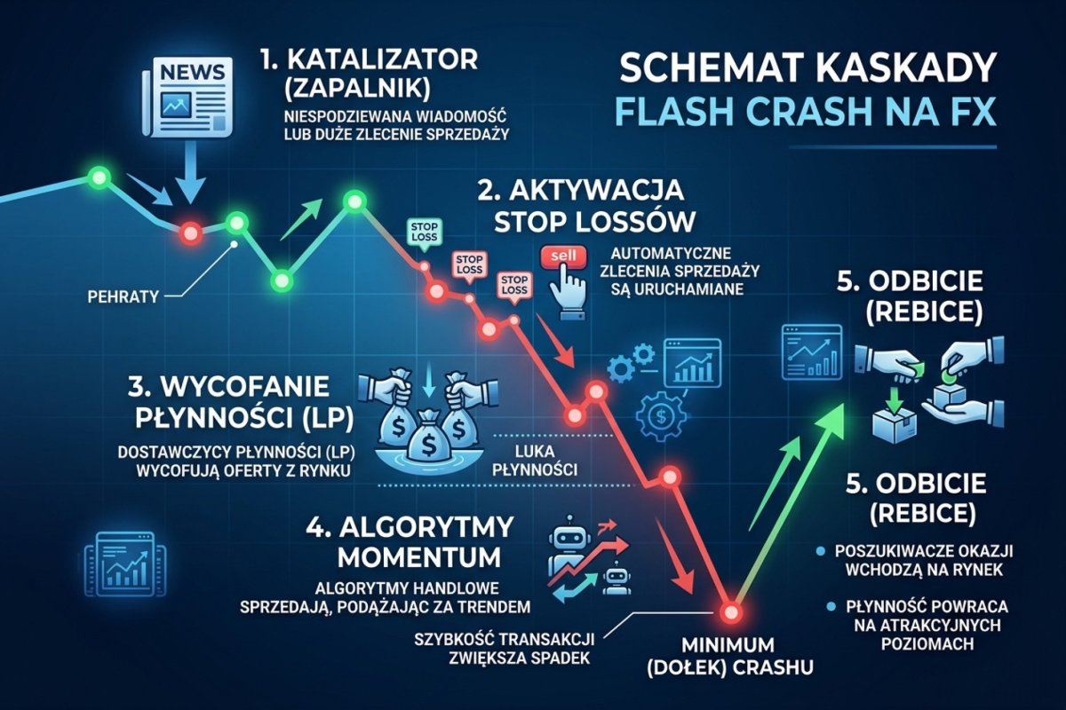 Flash crash na FX — kaskada: katalizator, stop lossy, wycofanie LP, algorytmy momentum, odbicie