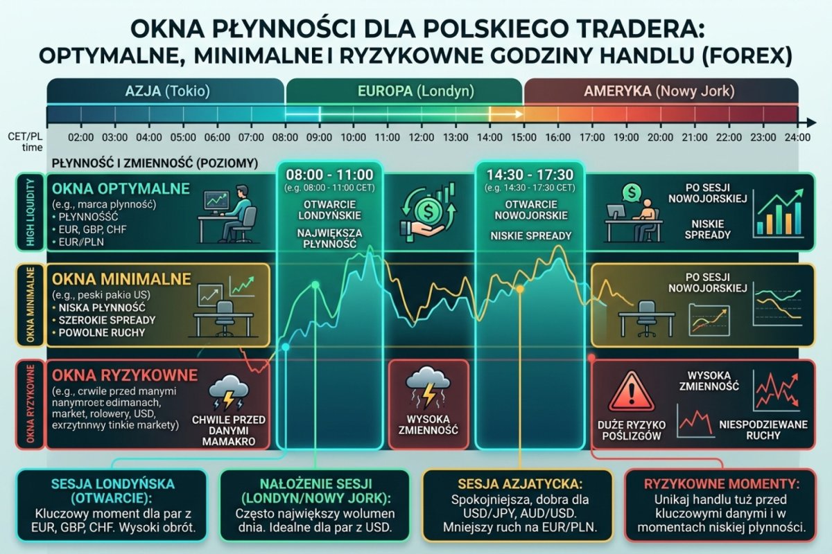 Okna płynności dla polskiego tradera — optymalne, minimalne i ryzykowne godziny handlu