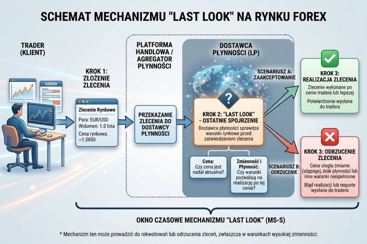 Schemat mechanizmu Last Look — dostawca płynności sprawdza cenę przed realizacją zlecenia tradera
