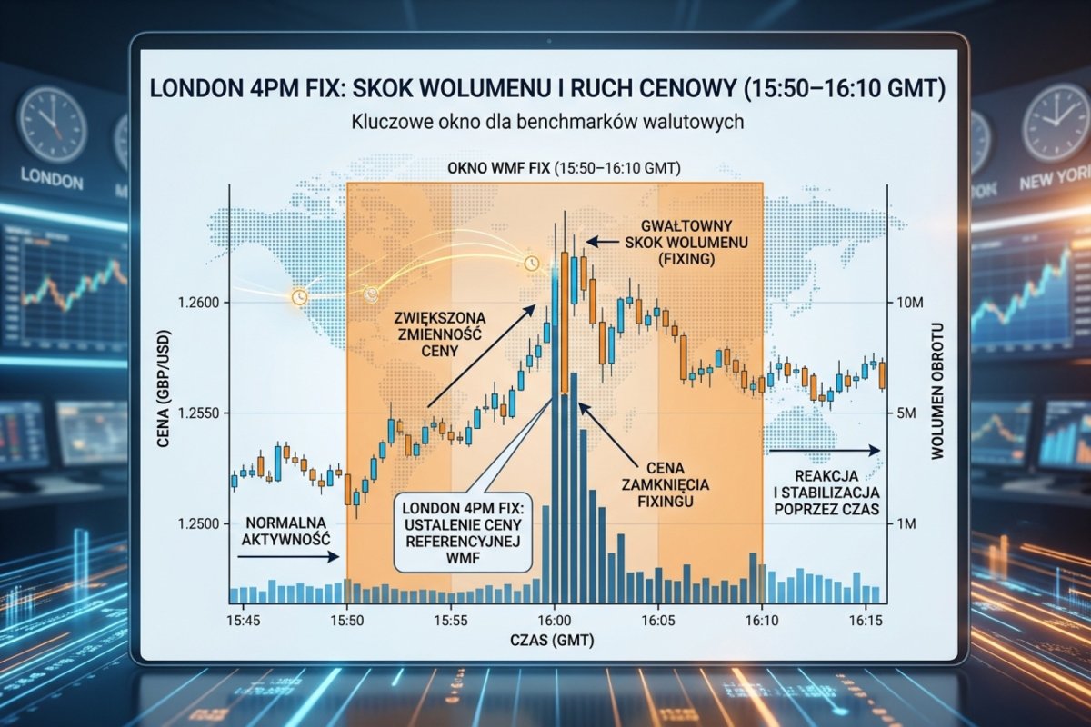 London 4pm Fix — skok wolumenu i ruch cenowy w oknie 15:50–16:10 GMT