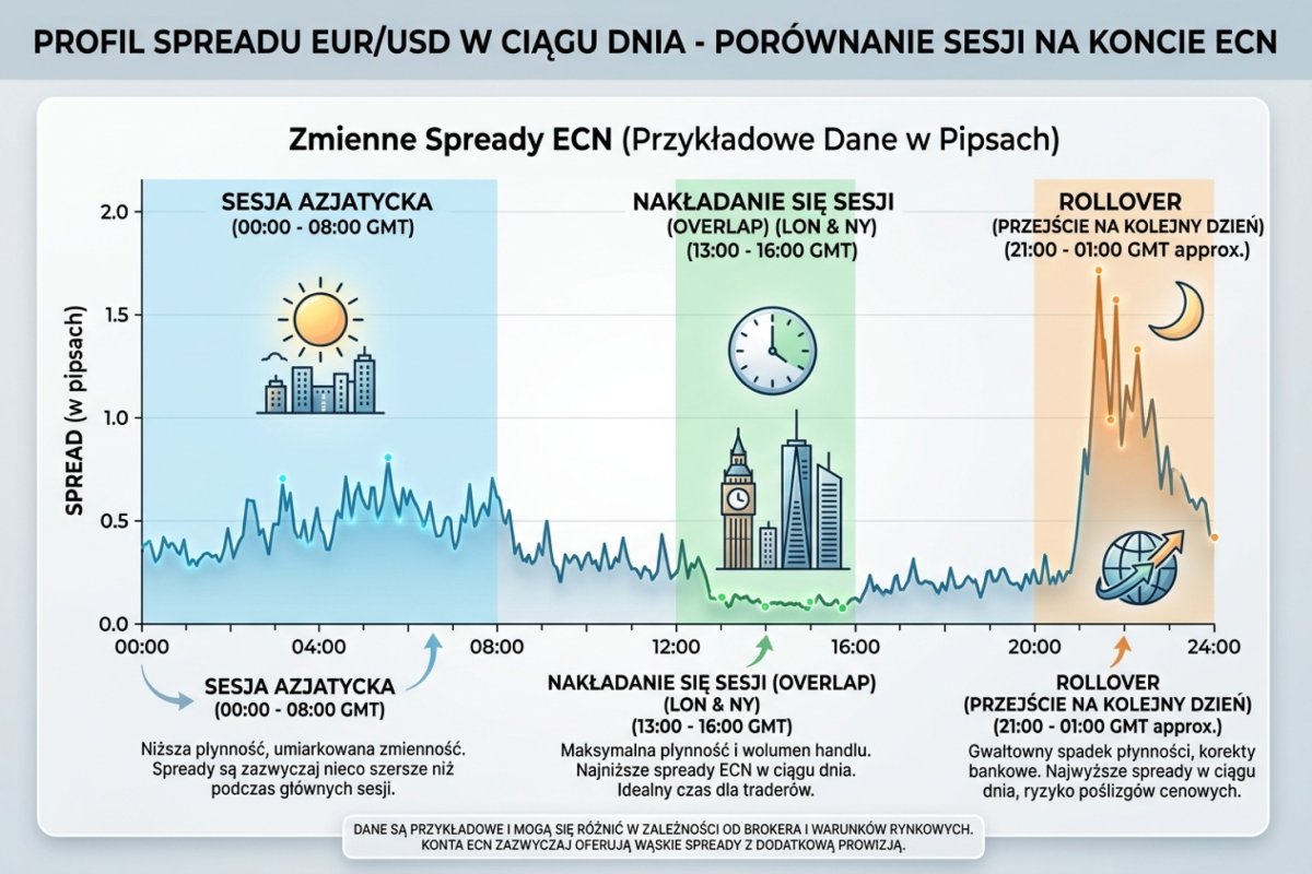 Profil spreadu EUR/USD w ciągu dnia — porównanie overlap vs Azja vs rollover na koncie ECN