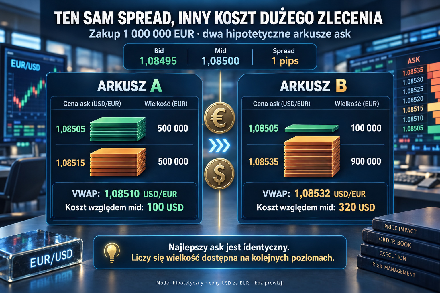 Dwa modelowe arkusze EUR/USD: ten sam spread, inny VWAP dla miliona EUR