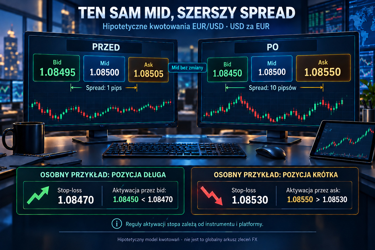 Szerszy spread EUR/USD: stop długiej pozycji według bid i krótkiej według ask
