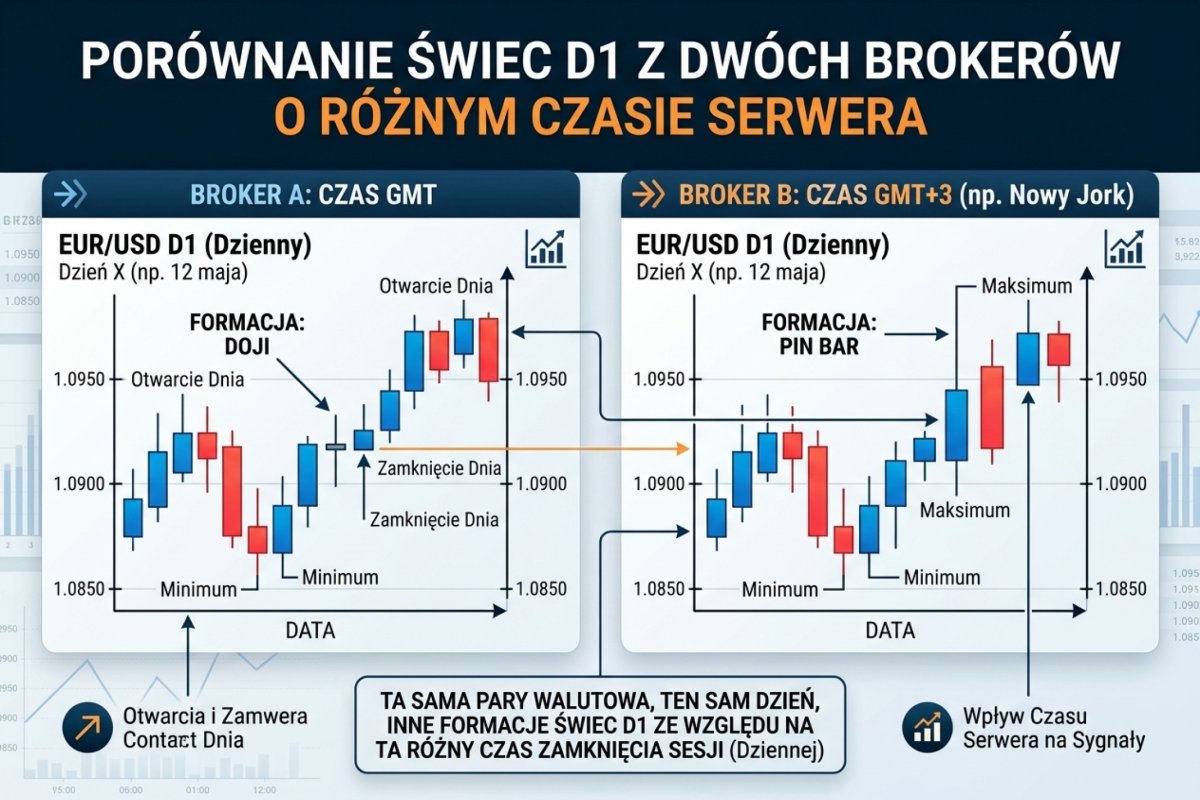 Porównanie świec D1 z dwóch brokerów o różnym czasie serwera — ta sama para, inne formacje