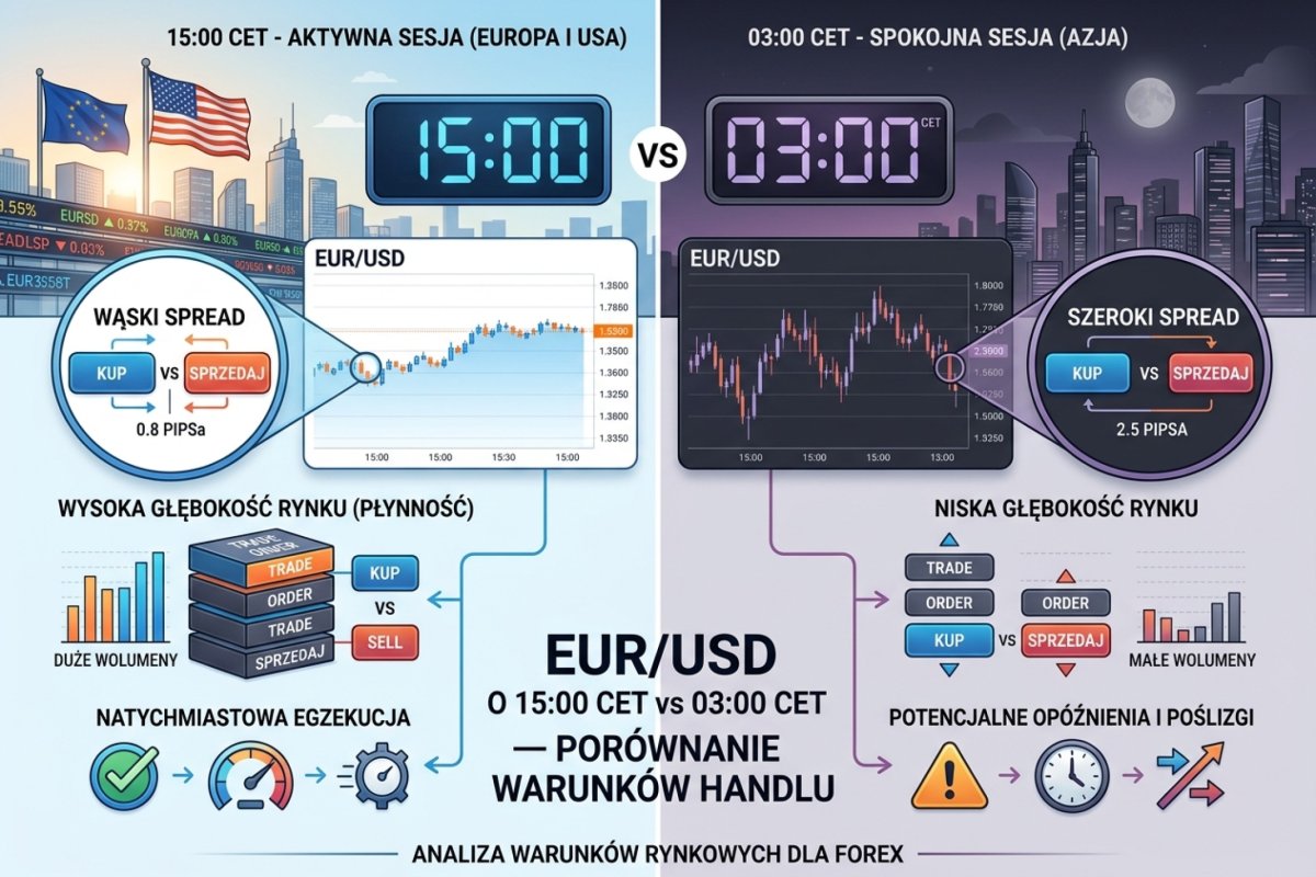 EUR/USD o 15:00 CET vs 03:00 CET — porównanie spreadu, głębokości i warunków egzekucji