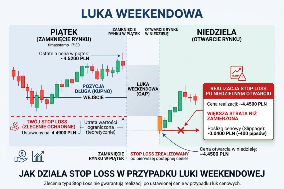 Luka weekendowa na FX — stop loss zrealizowany po pierwszej dostępnej cenie po niedzielnym otwarciu