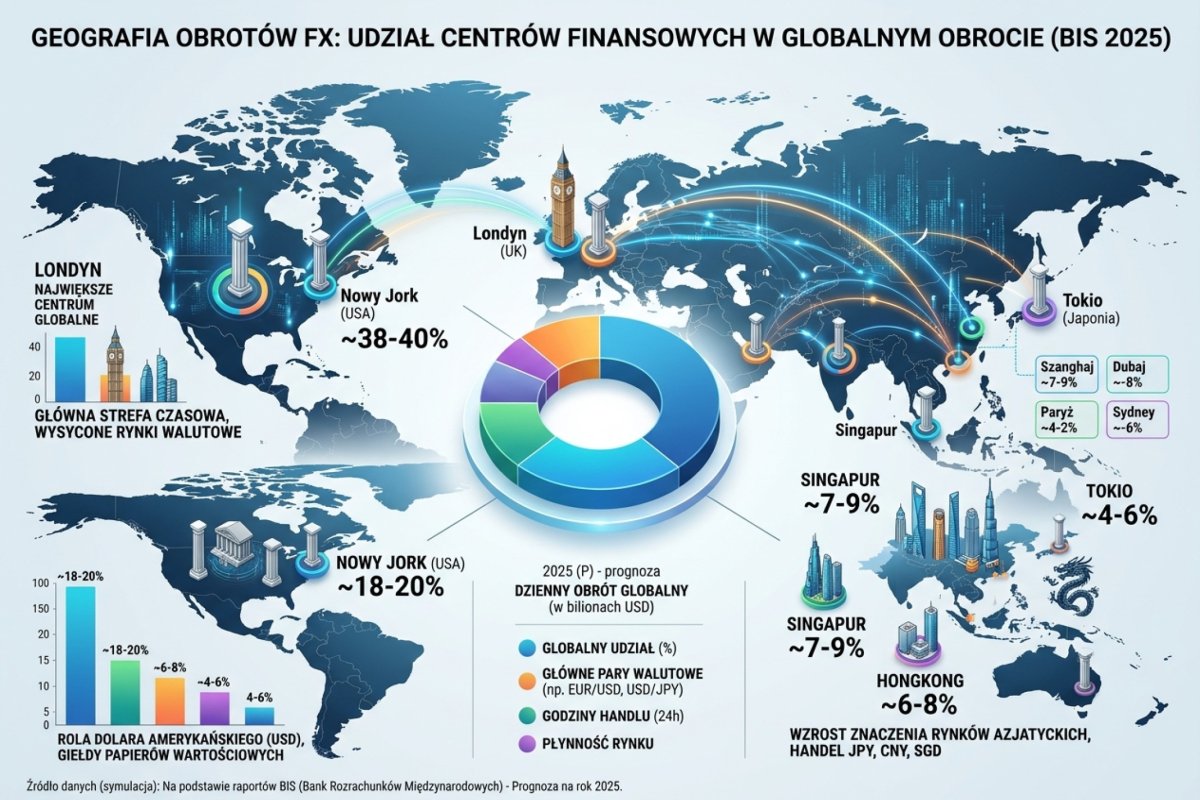 Geografia obrotów FX — udział centrów finansowych w globalnym turnover wg BIS 2025