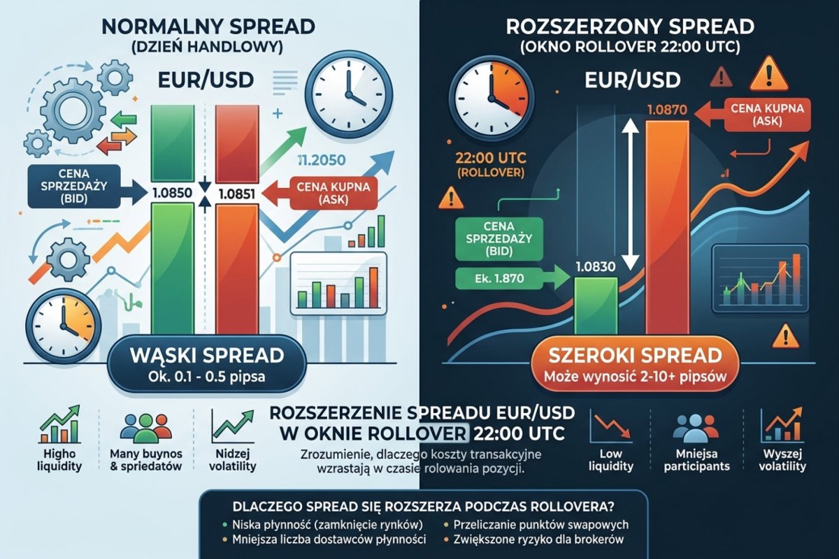 Rozszerzenie spreadu EUR/USD w oknie rollover 22:00 UTC — normalny spread vs rollover