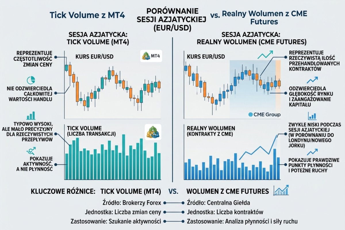 Sesja azjatycka — różnica między tick volume na platformie detalicznej a realnym wolumenem z rynku futures