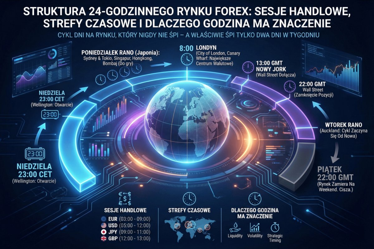 Struktura 24-godzinnego rynku Forex — sesje handlowe, strefy czasowe, centra finansowe