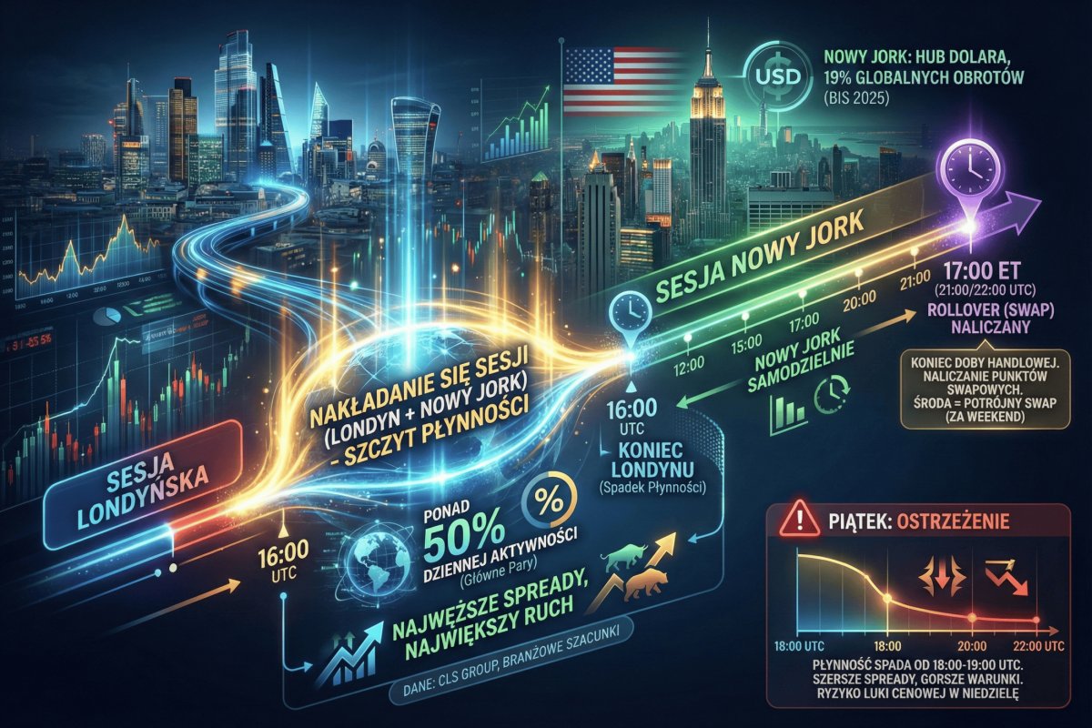 Wolumen na rynku Forex w ciągu doby — nakładanie się sesji londyńskiej i nowojorskiej