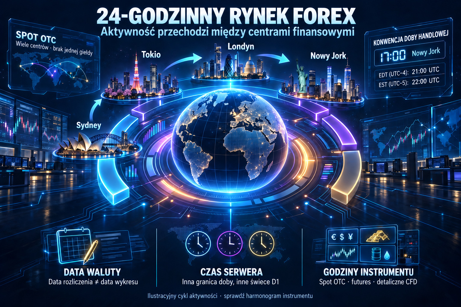Rynek OTC: centra finansowe, granica doby w Nowym Jorku, data waluty i czas serwera