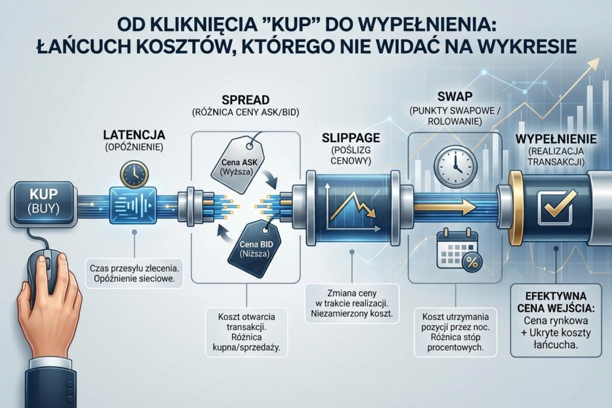 Od kliknięcia Buy do wypełnienia: latencja, spread, slippage, swap — łańcuch kosztów, którego nie widać na wykresie