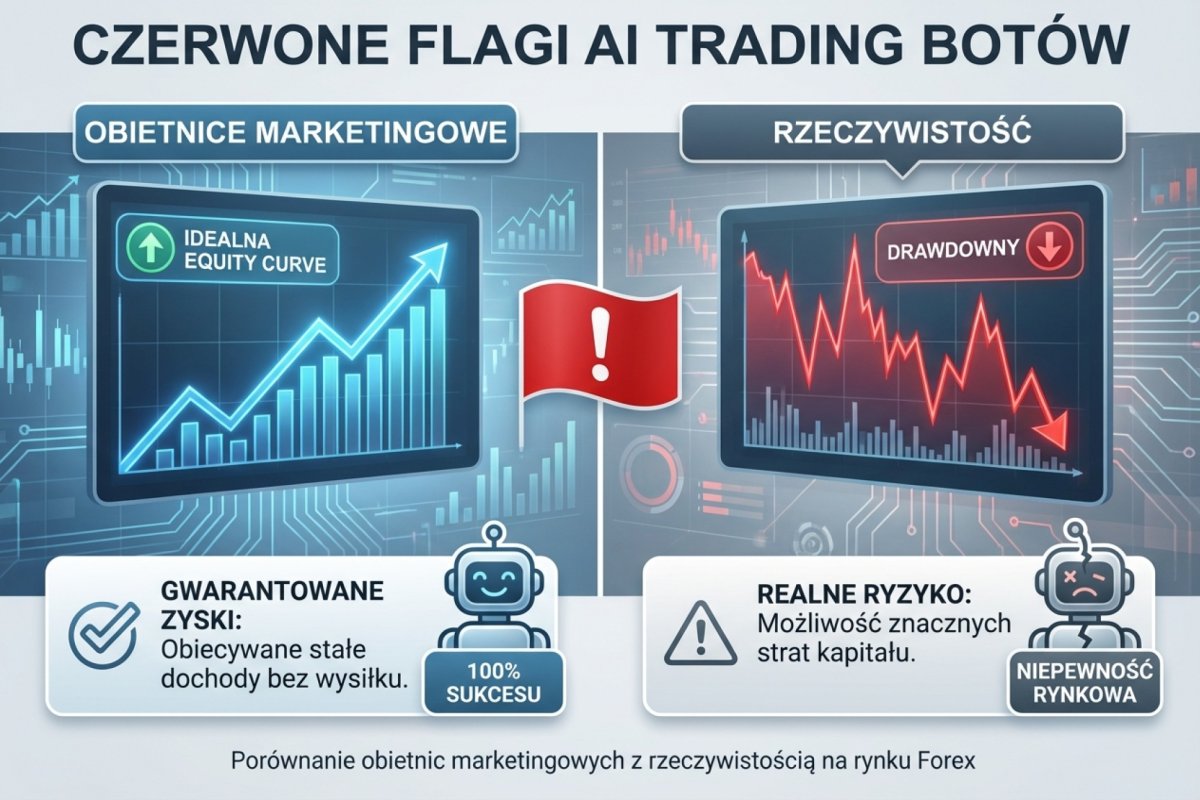 Czerwone flagi AI trading botów — porównanie obietnic marketingowych z rzeczywistością: gwarantowane zyski vs realne ryzyko, idealna equity curve vs drawdowny