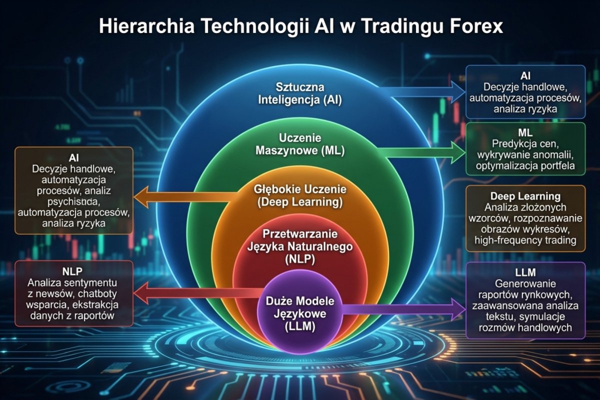 Hierarchia technologii AI w kontekście tradingu — ML, Deep Learning, NLP i LLM jako podzbiory sztucznej inteligencji z różnymi zastosowaniami