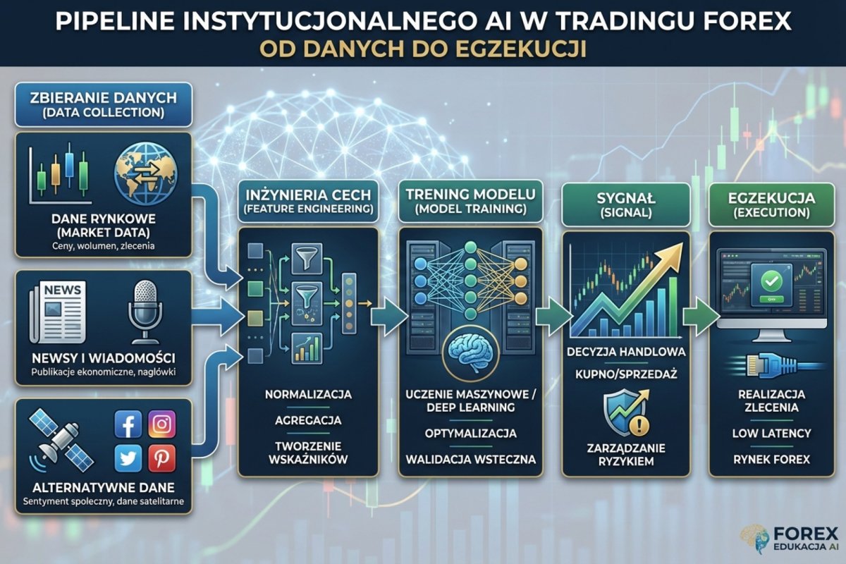 Pipeline instytucjonalnego AI w tradingu — od zbierania danych (market data, newsy, alternatywne dane) przez feature engineering i trening modelu do sygnału i egzekucji