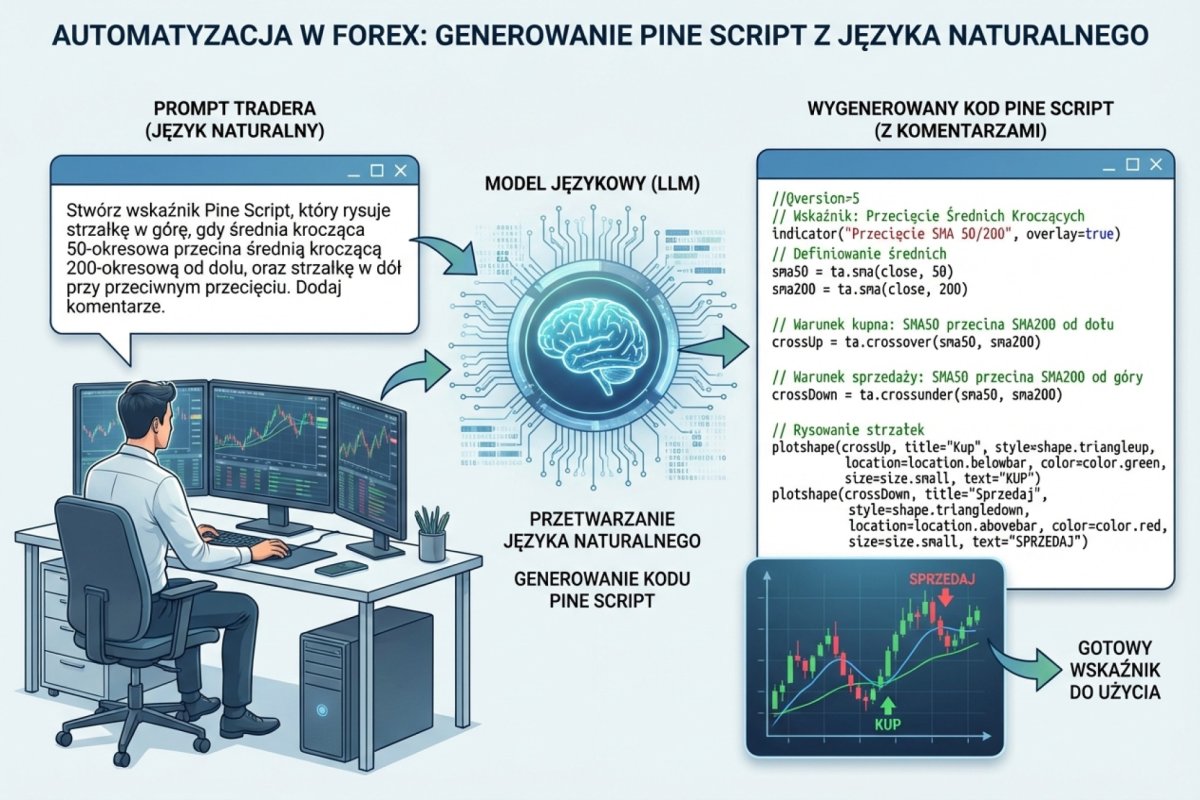 LLM generujący Pine Script na podstawie opisu w języku naturalnym — prompt tradera i wygenerowany kod wskaźnika z komentarzami