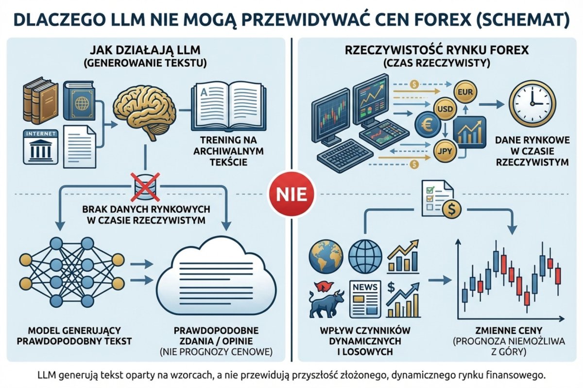 Schemat pokazujący, dlaczego LLM nie mogą przewidywać cen — brak danych real-time, trening na tekście, a nie na danych rynkowych, generowanie prawdopodobnego tekstu zamiast prognozy
