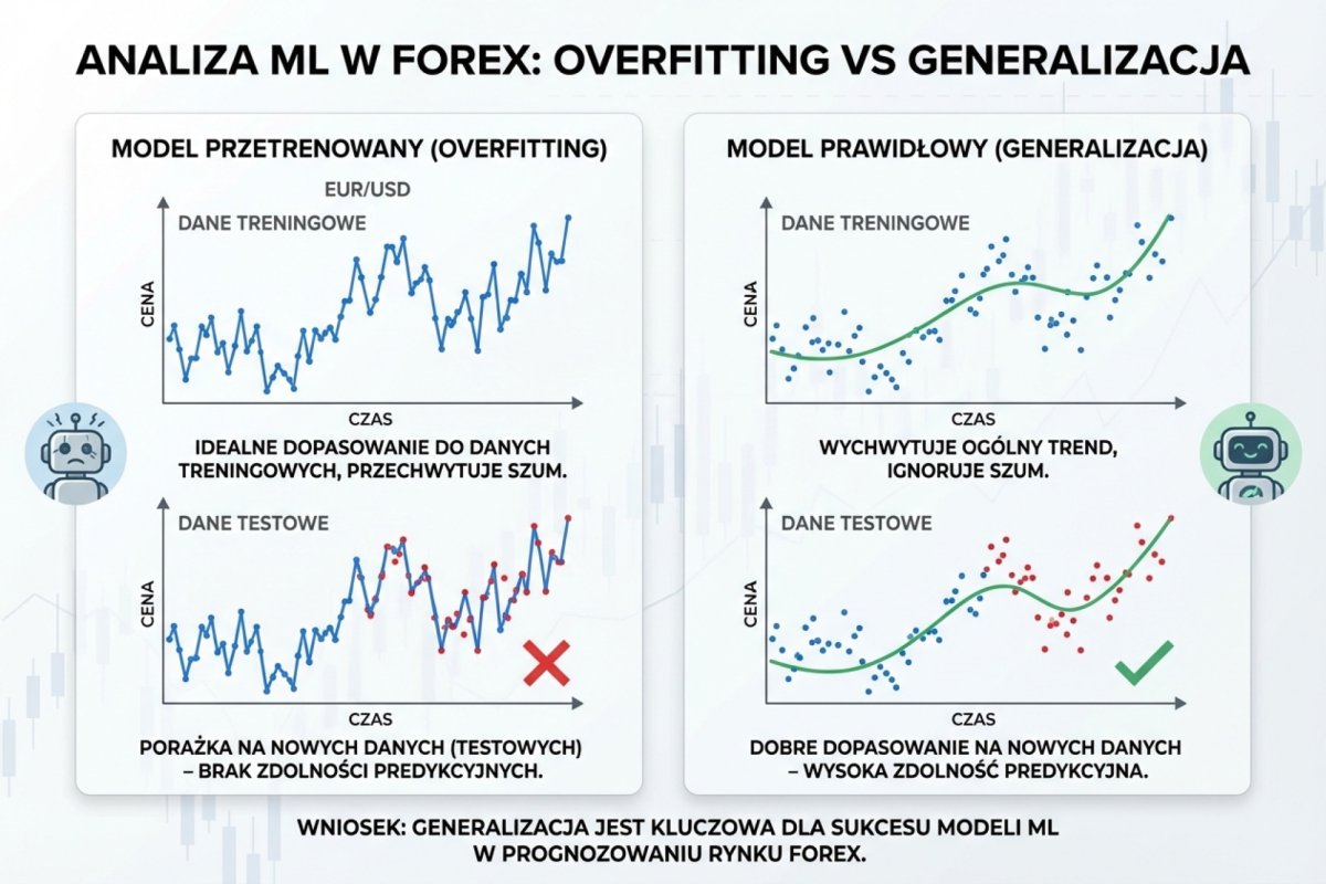 Overfitting vs generalizacja w ML — model overfitted idealnie pasuje do danych treningowych, ale nie działa na nowych danych; model prawidłowy wychwytuje trend, nie szum