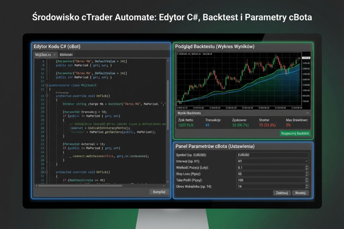 Środowisko cTrader Automate z edytorem C#, podglądem backtestu i panelem parametrów cBota