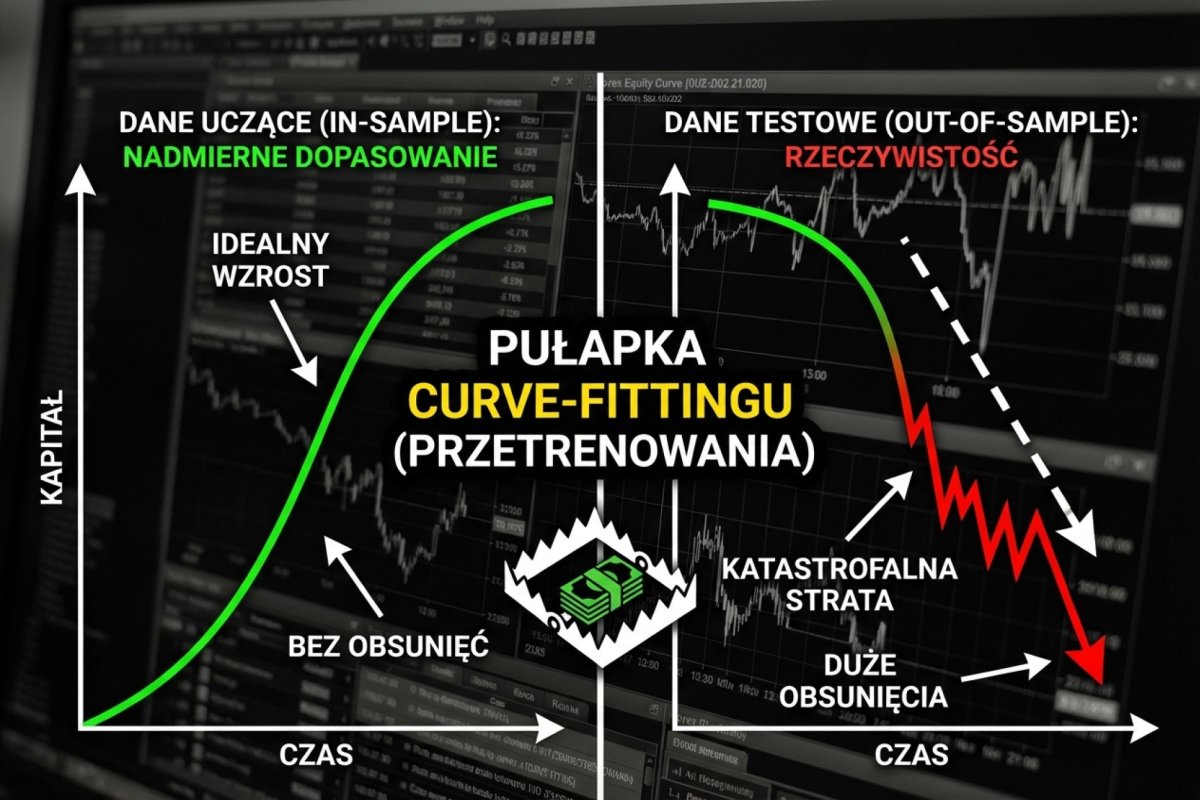 Porównanie krzywej equity overfitowanego EA na danych in-sample (idealna) vs out-of-sample (katastrofa) — wizualizacja pułapki curve-fittingu
